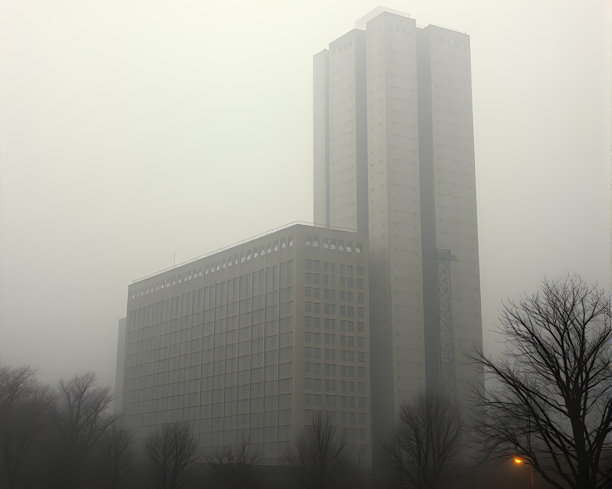 Abstract Brutalist Building in Misty Vignette – free AI stock image