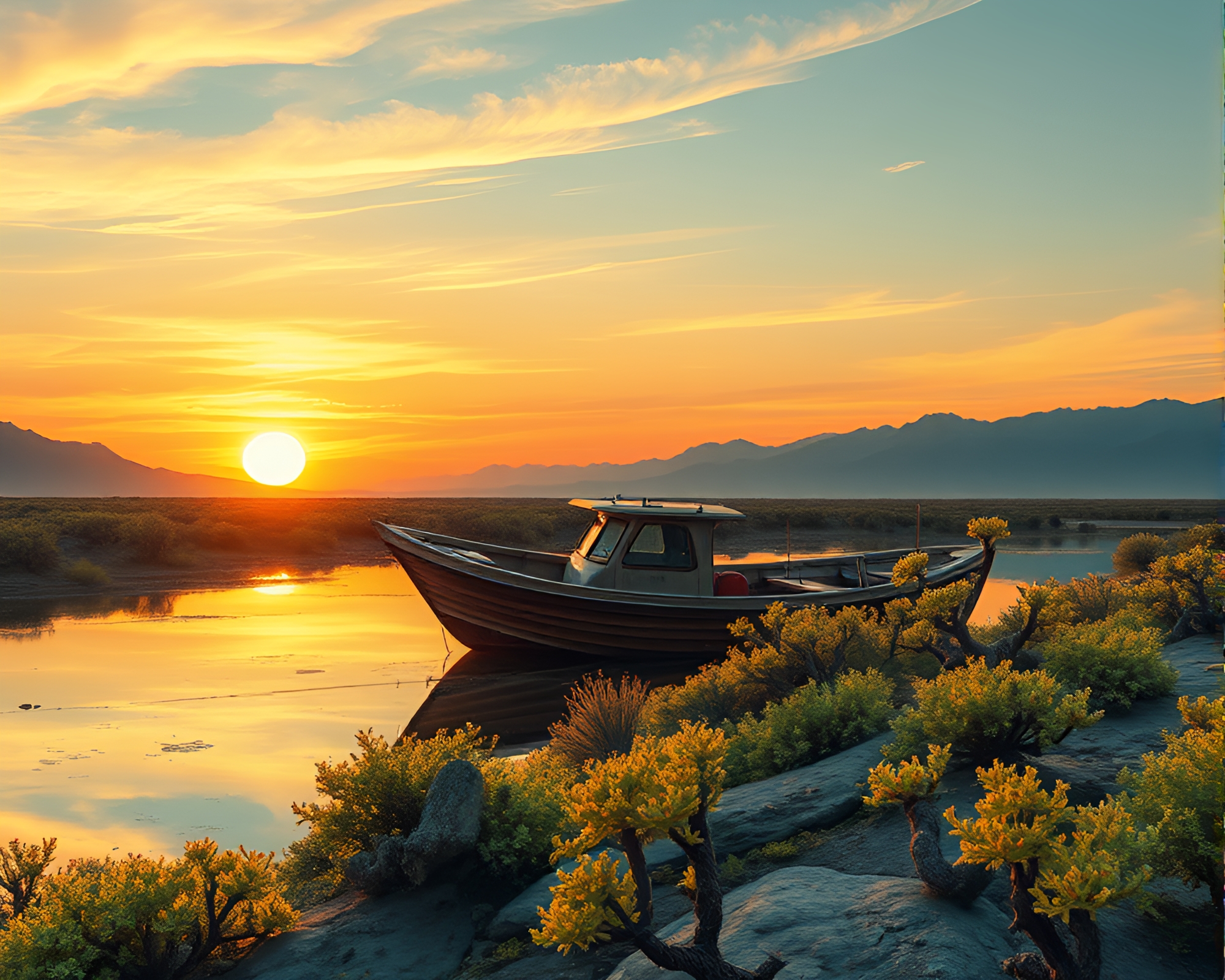 Desert Sunset Hydrofoil Boat Botanical Lichen Texture Illustration – free AI stock image