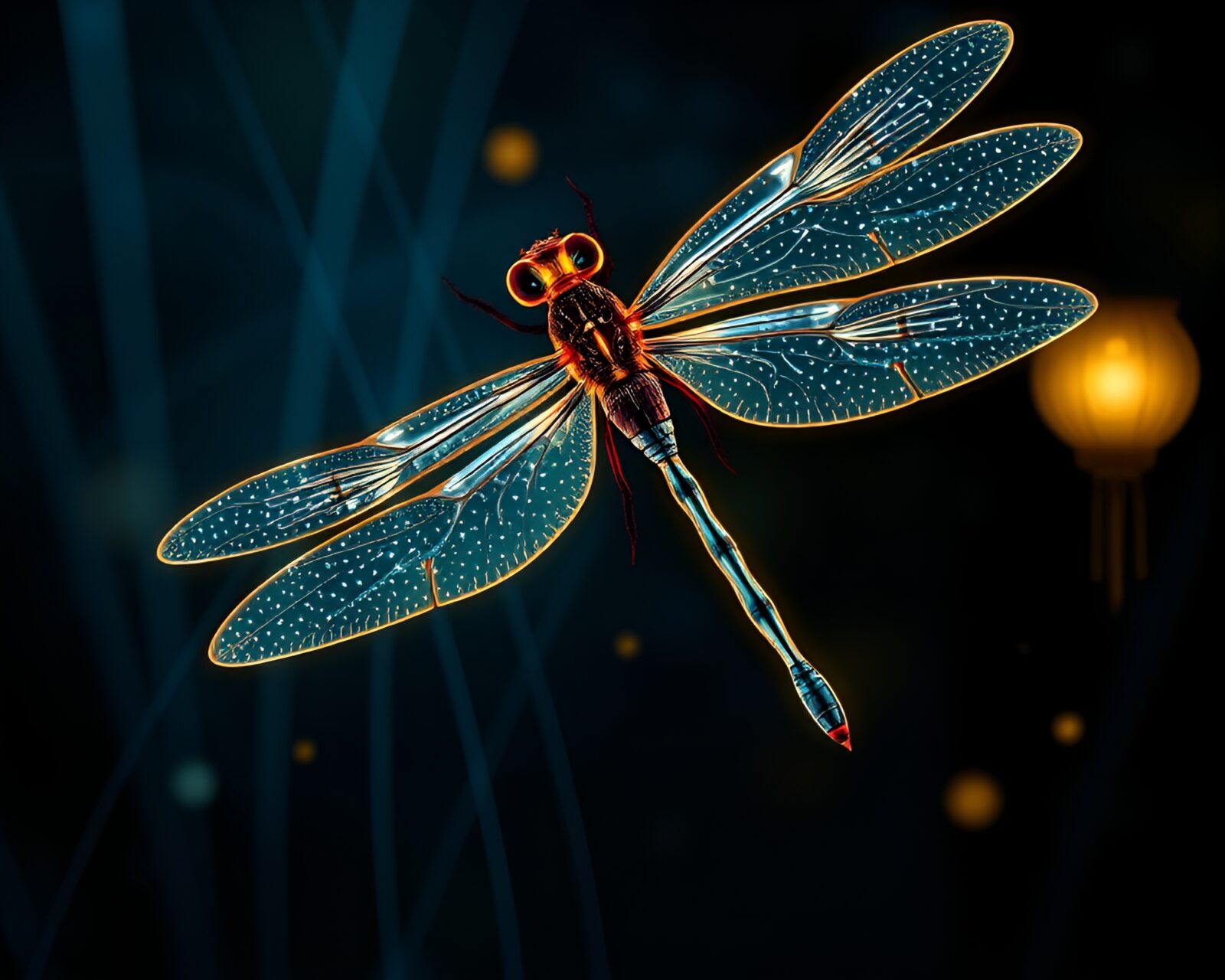 Technical illustration of dragonfly in lantern light with fiber optics