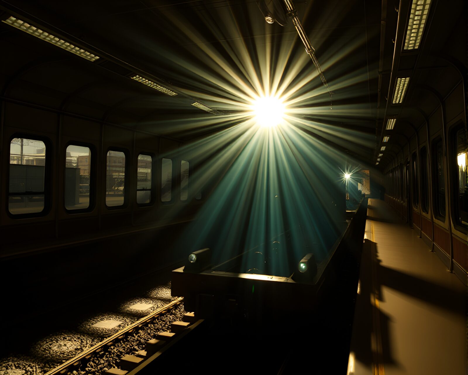 3D scan rendering of train in motion through sunbeam rays