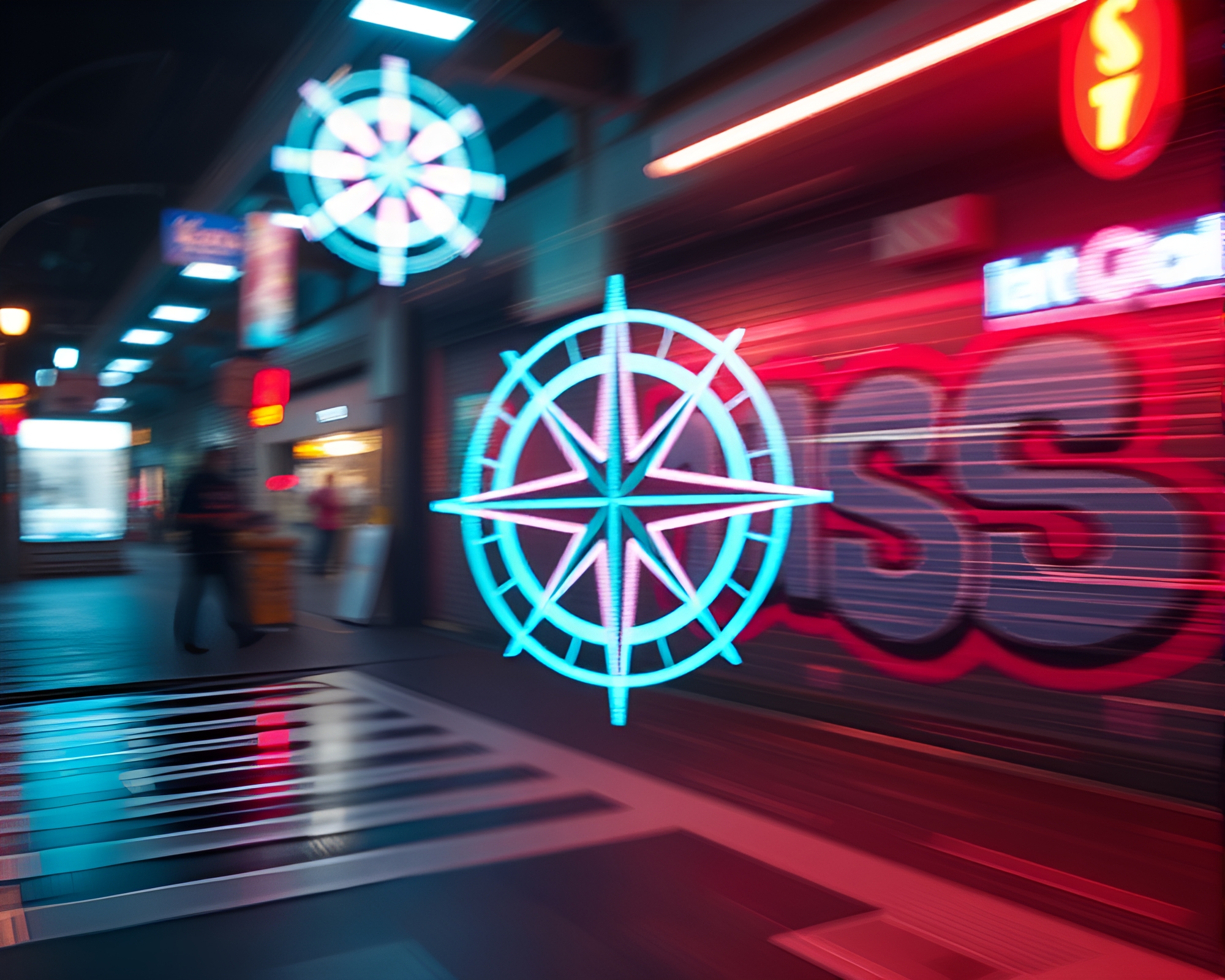 Mesmerizing Neon Compass Wireframe Motion Blur Art – free AI stock image