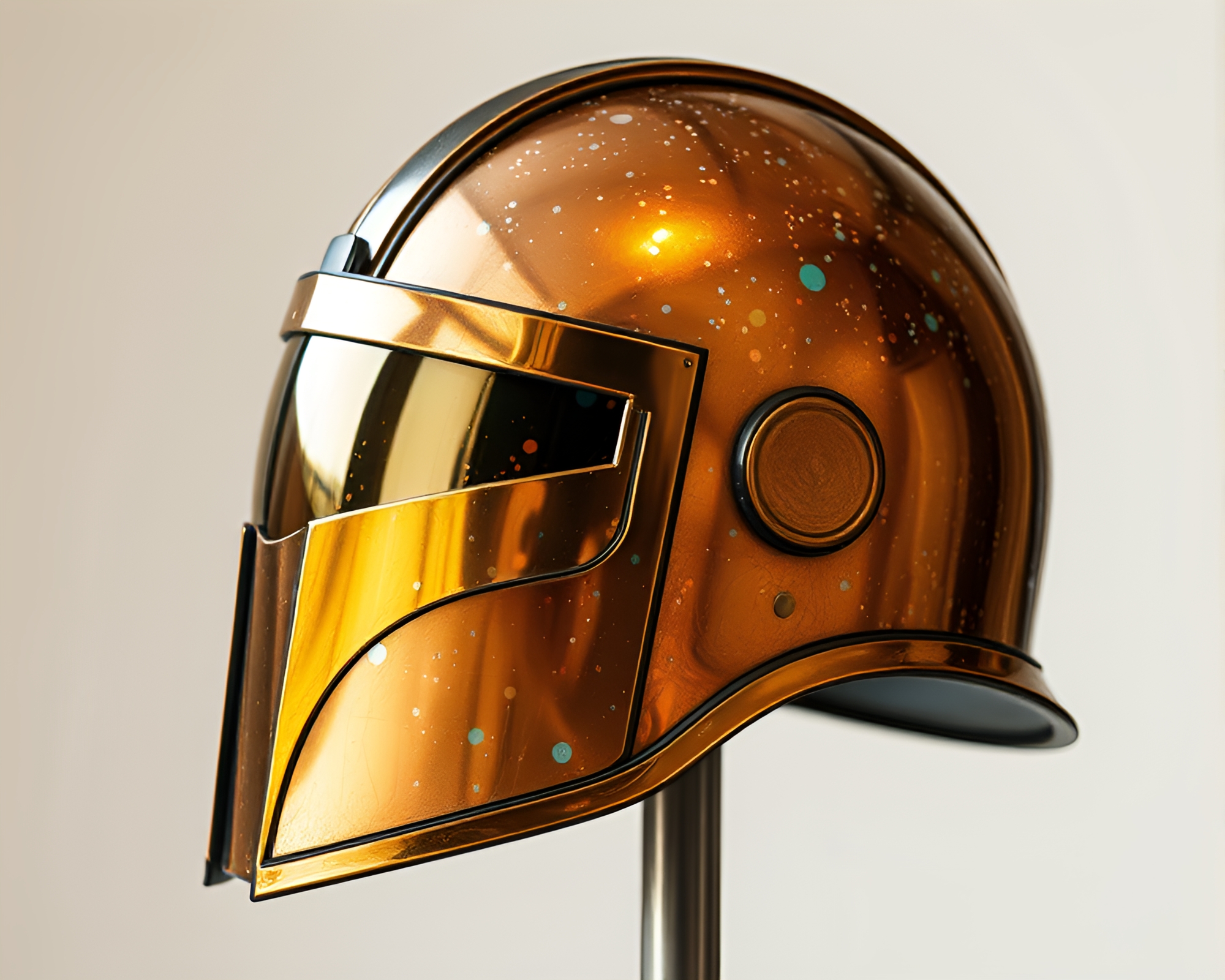 Holographic Helmet in Bronze Stained Glass Dream – free AI stock image