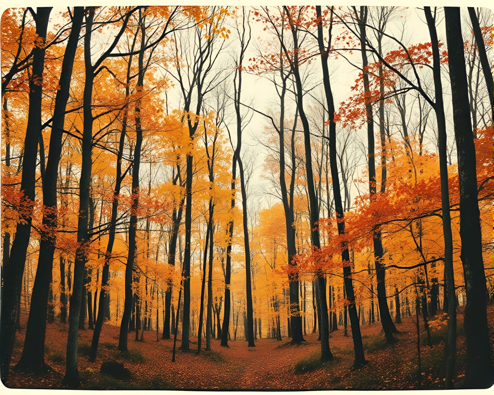 Serene vintage polaroid of an autumn forest with paint drips
