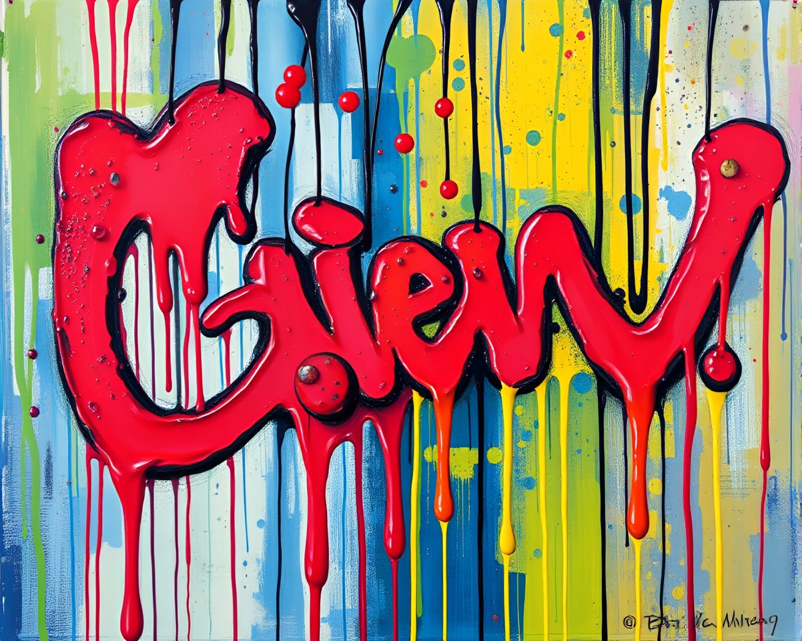 Tempera painting of underwater urban scene with colorful graffiti
