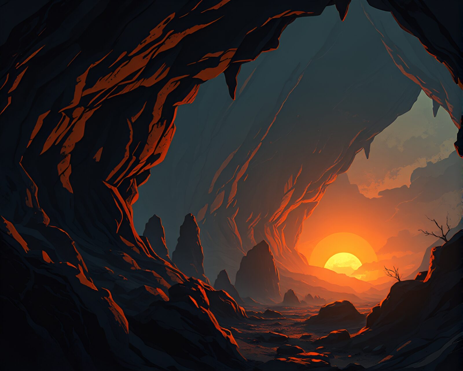 Mysterious cave artwork with steampunk twist in cool light