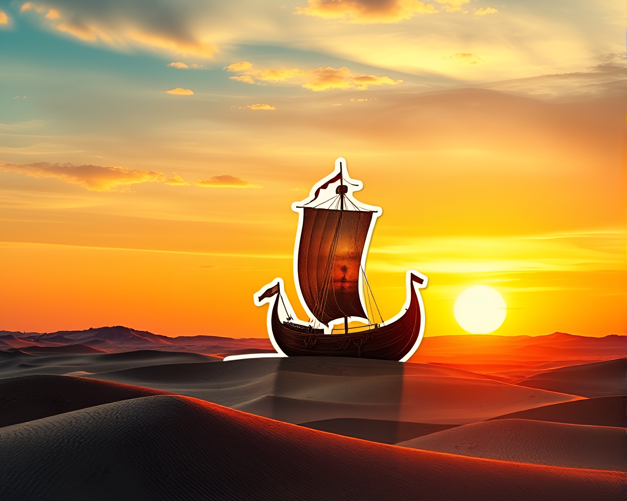 Viking Longship Desert Sunset Collage Cutouts – free AI stock image