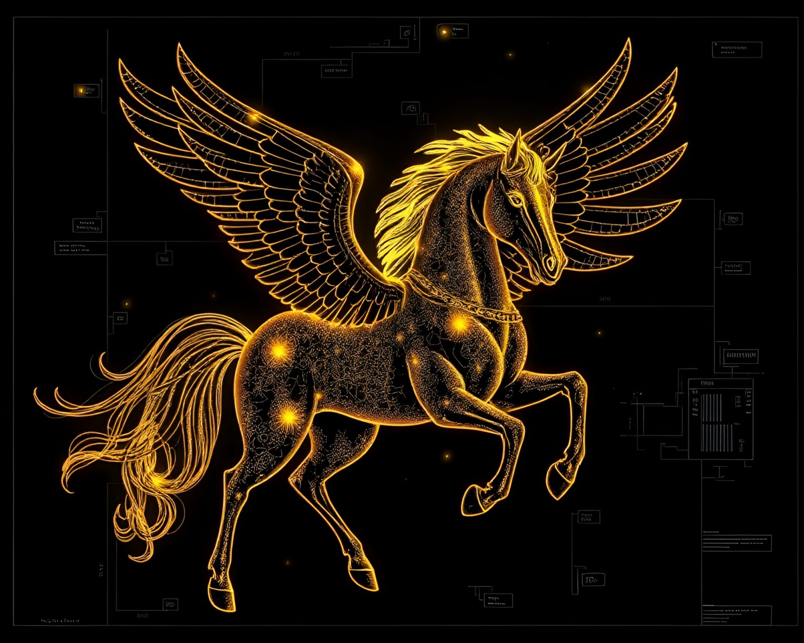 A majestic Pegasus bathed in golden light against blueprint backdrop