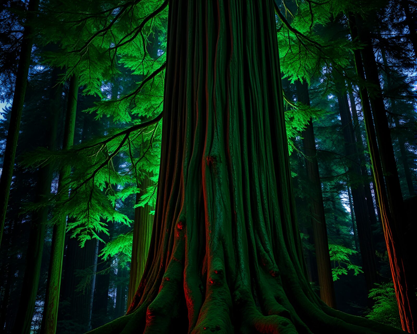 Glowing redwood trees with metallic green highlights in AI style