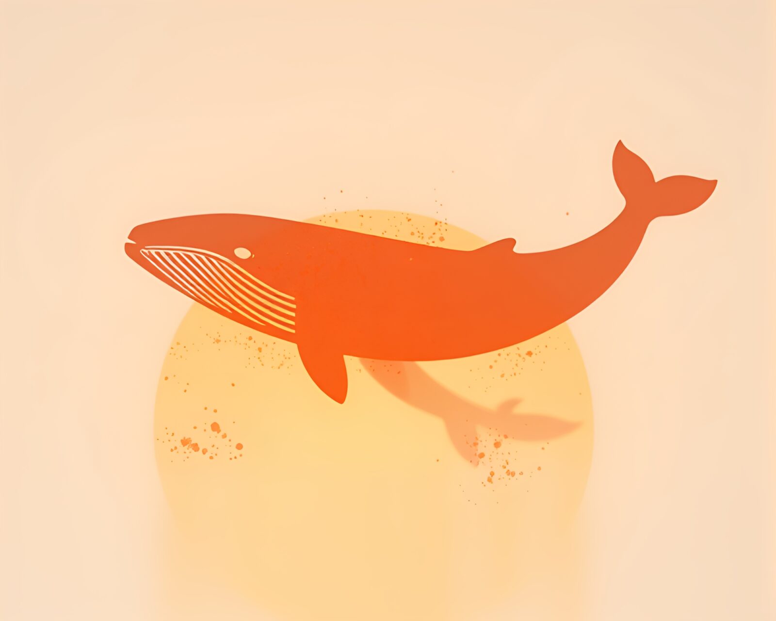 Splatter art painting of a whale at orange sunset