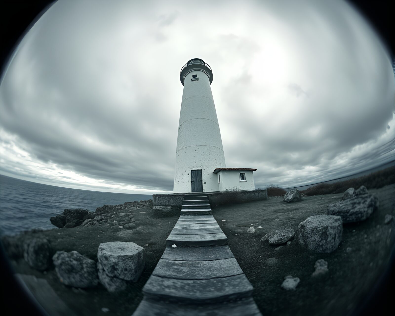 Eerie lighthouse in earth tone gradient with selective color