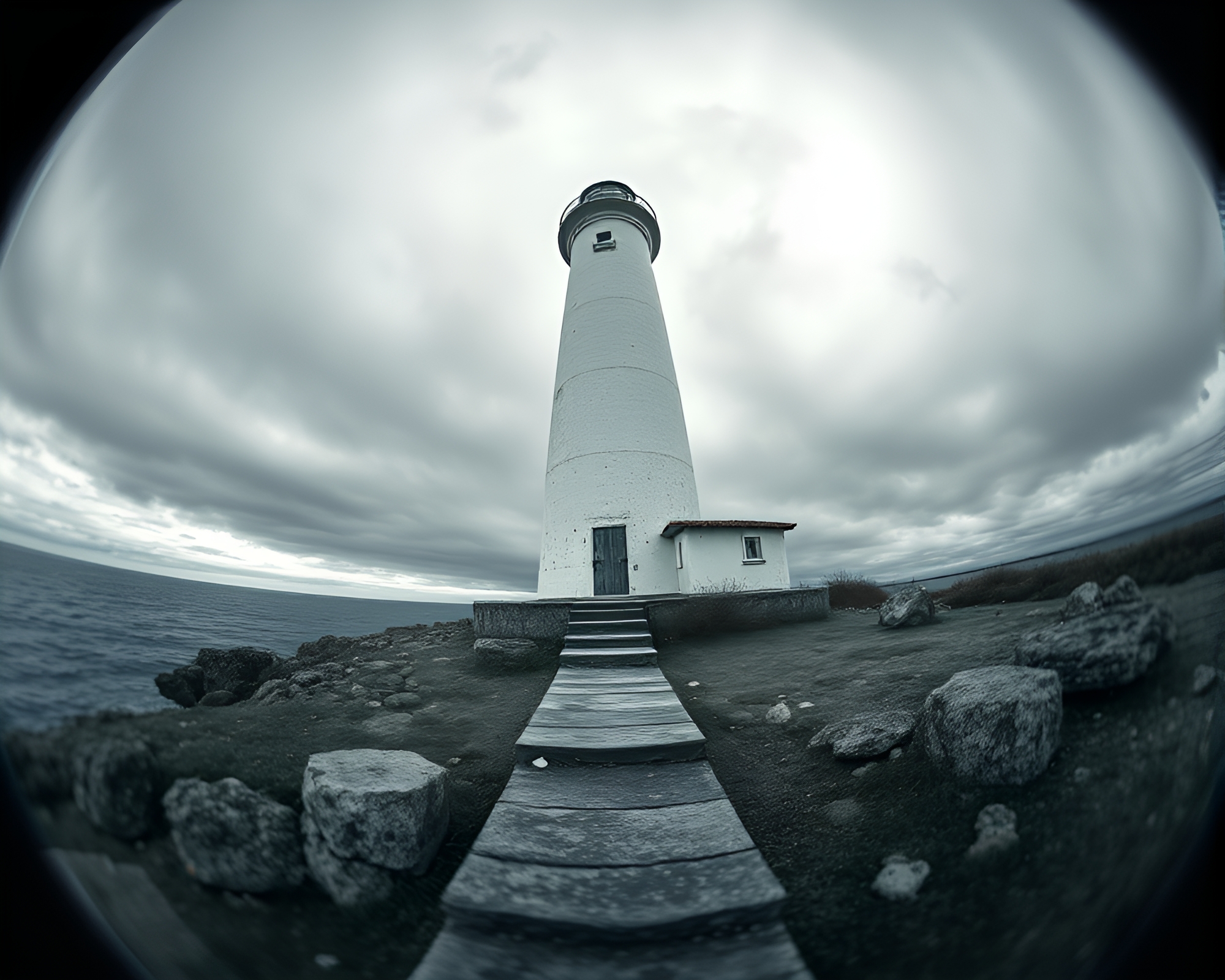 Mystical Abandoned Lighthouse with Fisheye Distortion – free AI stock image