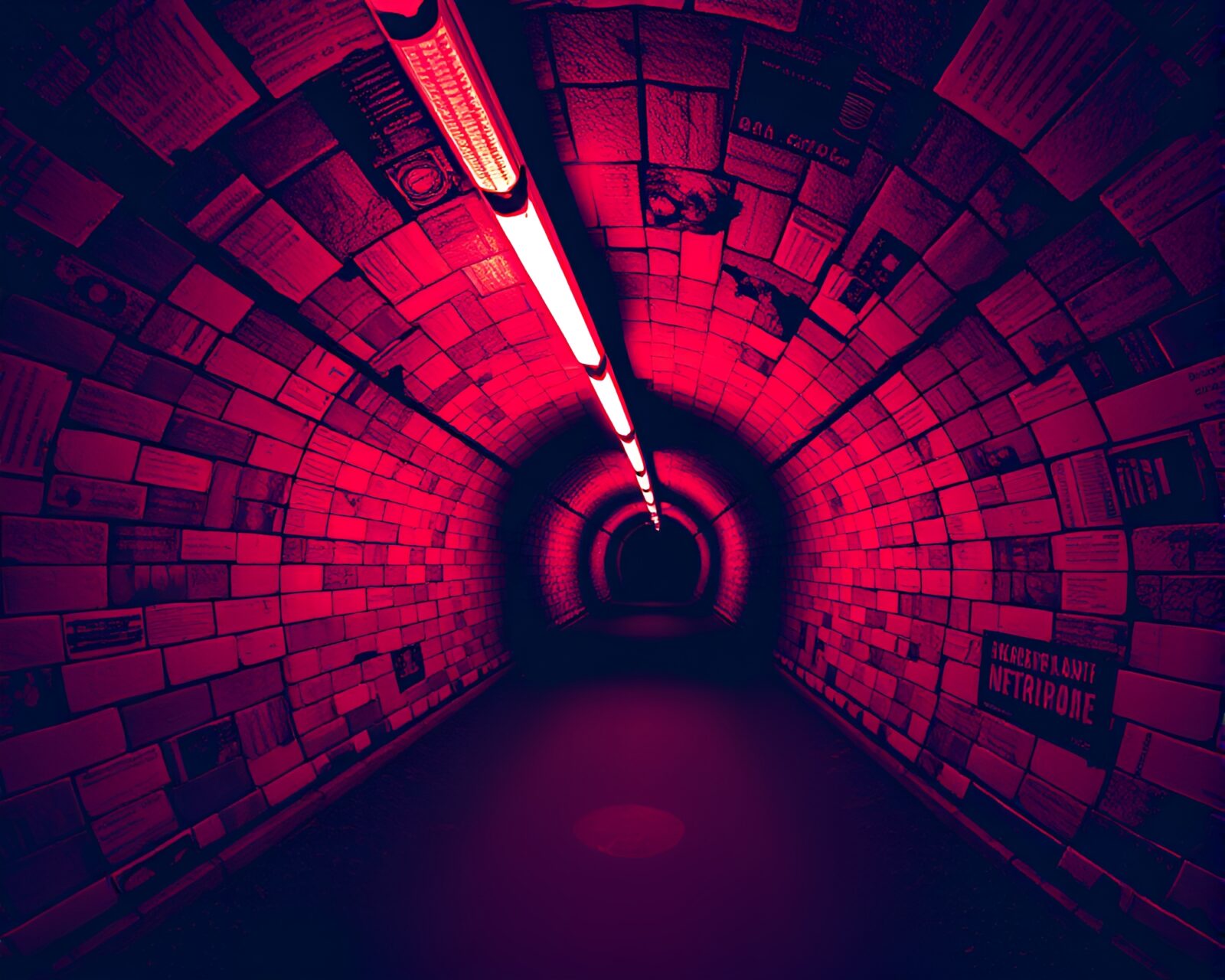 Duotone red-blue Worm's Eye View ASCII art bunker