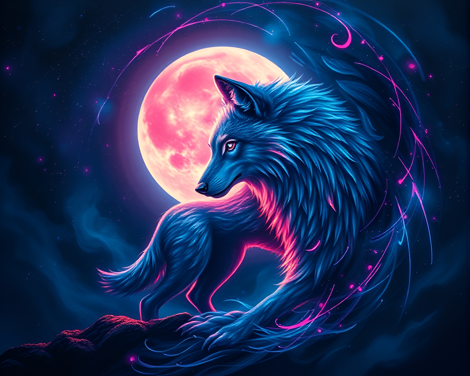 Moonlit Wolf in Neon Fibonacci Spiral – free AI stock image