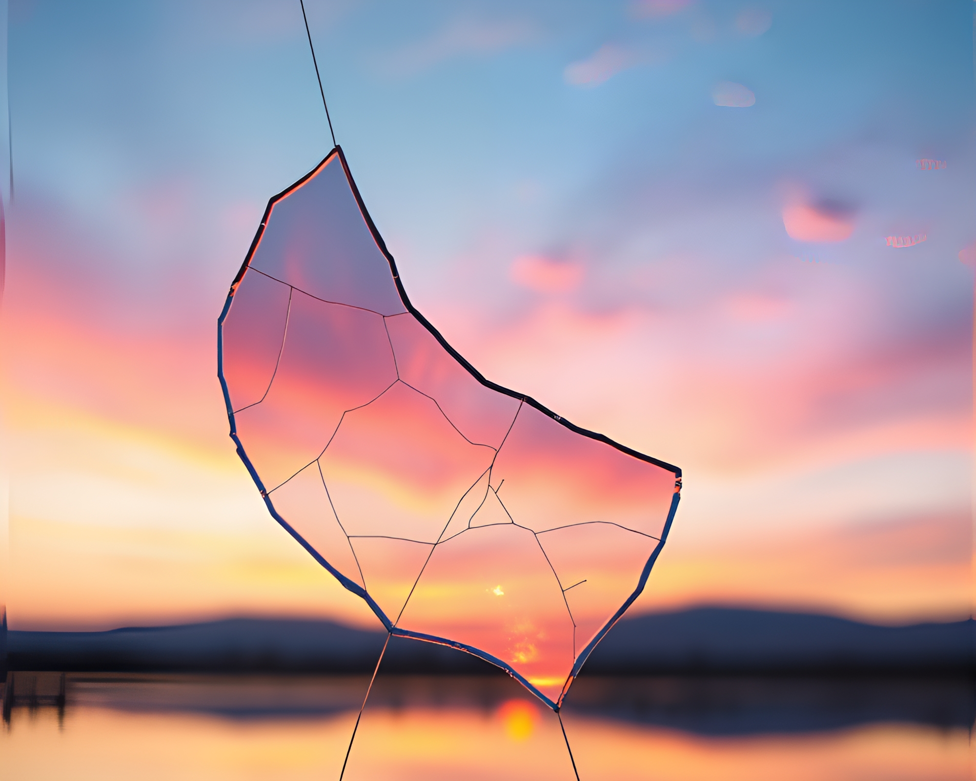 Shattered Dreams: Sunrise Reflection Through Broken Glass – free AI stock image
