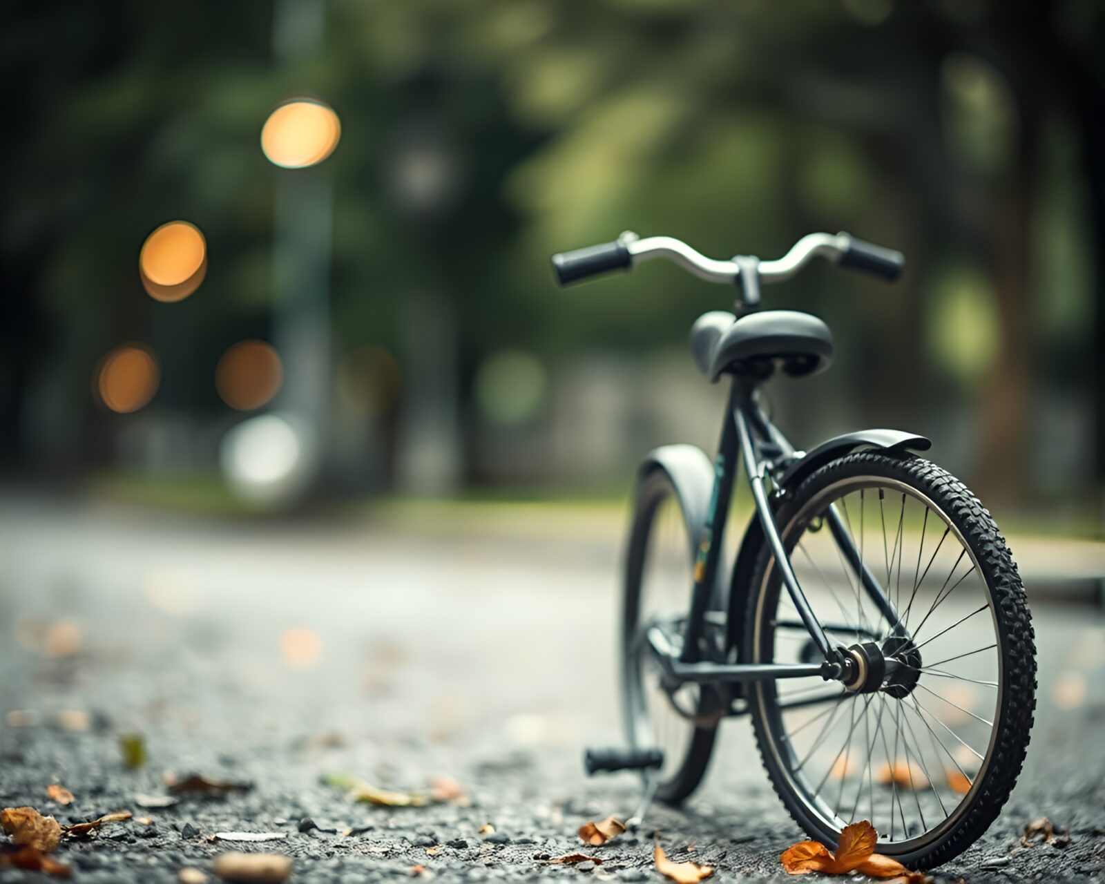 Illustration of a bicycle with bokeh foreground in dark forest