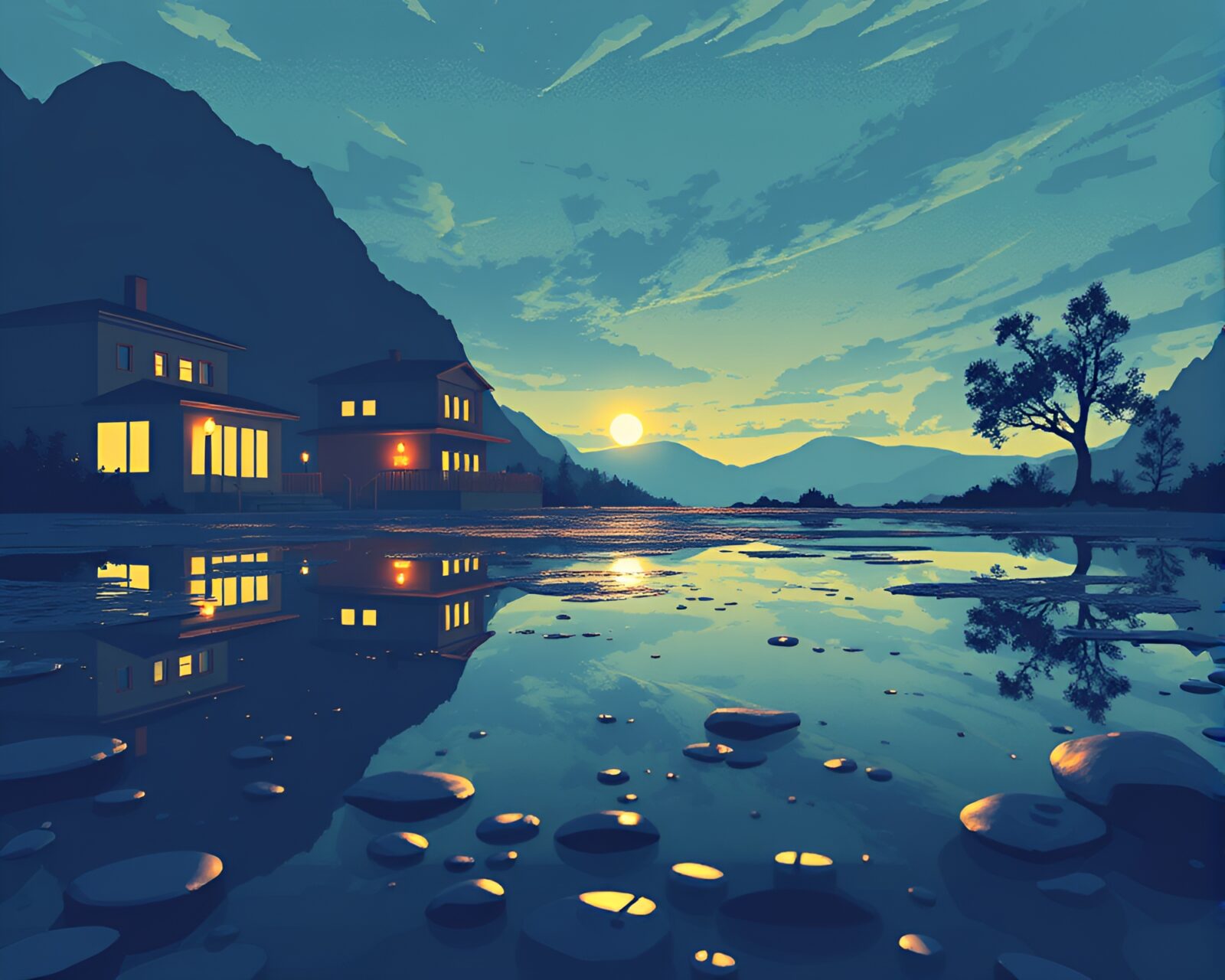 Pixelated oasis scene reflected in water puddle