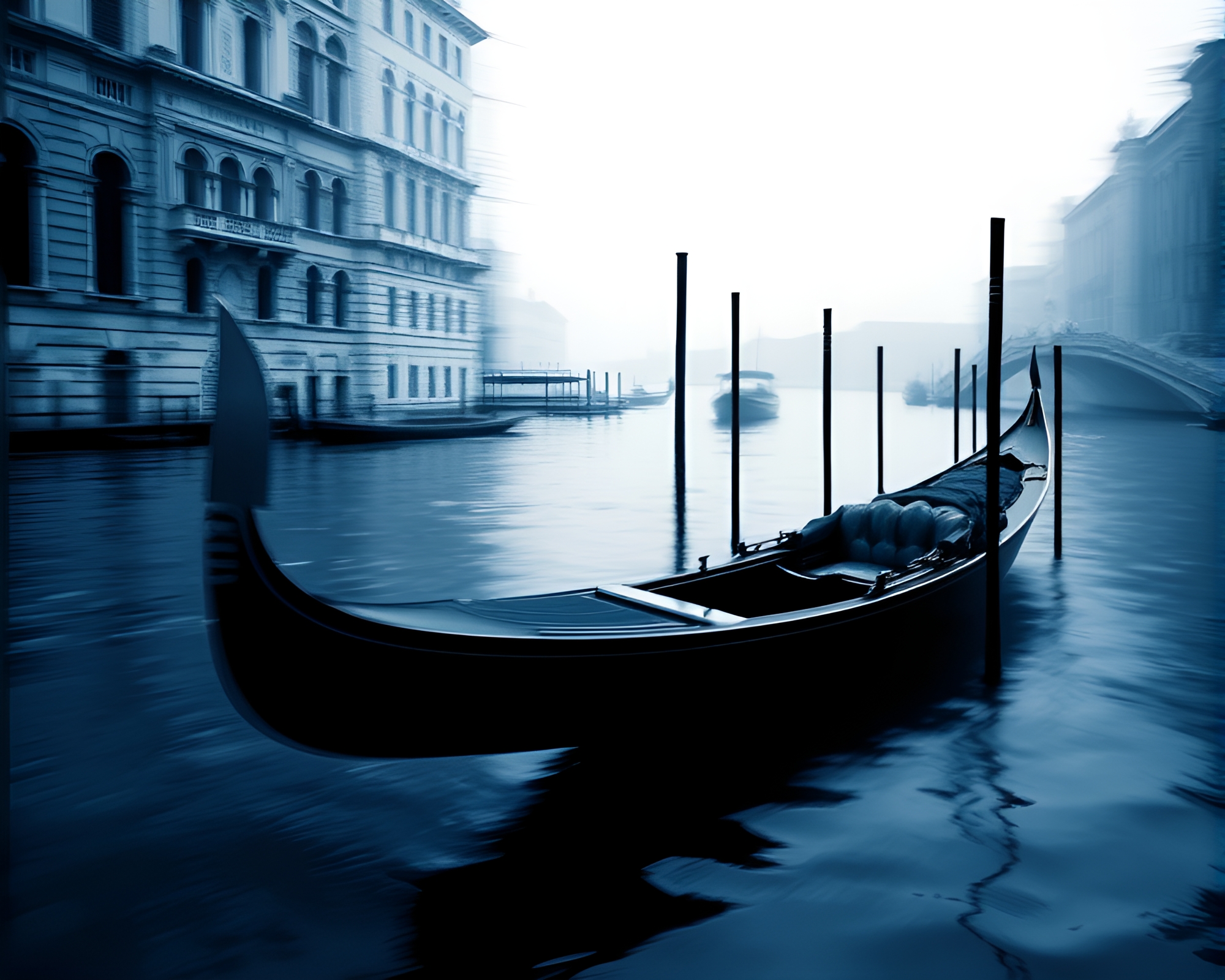 Venetian Gondola in Monochrome Blue Waters – free AI stock image