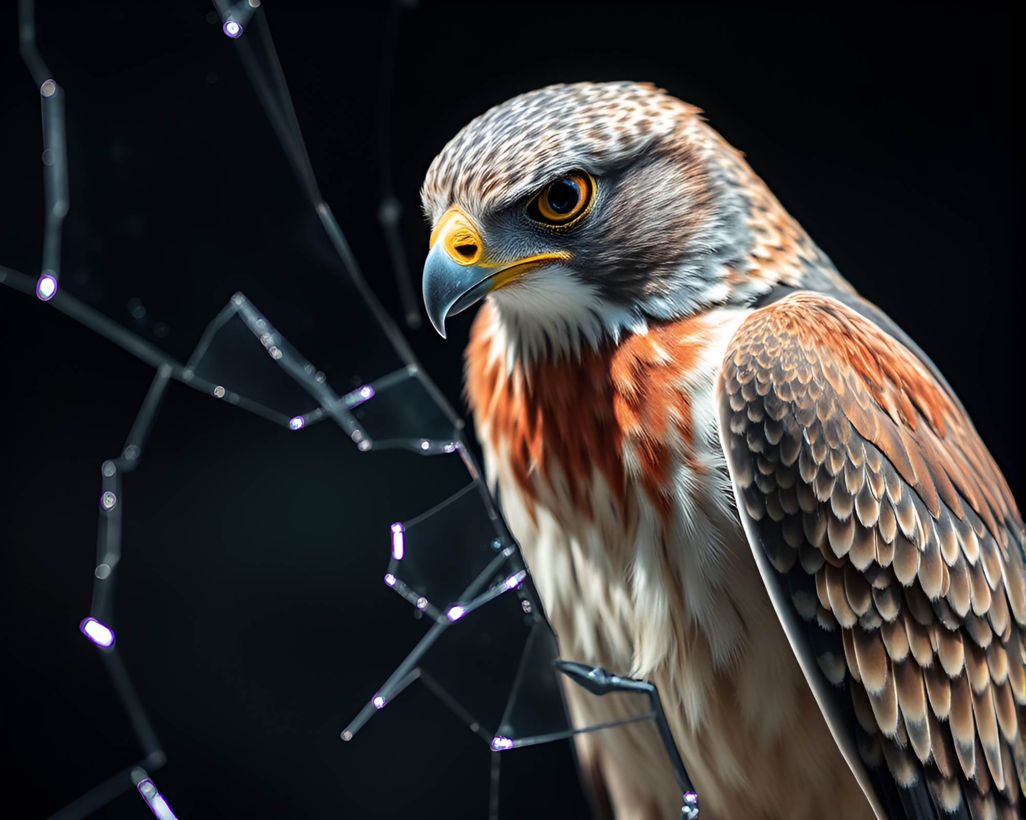 Shattered Falcon Reflection in Acid Wash Lighting – free AI stock image