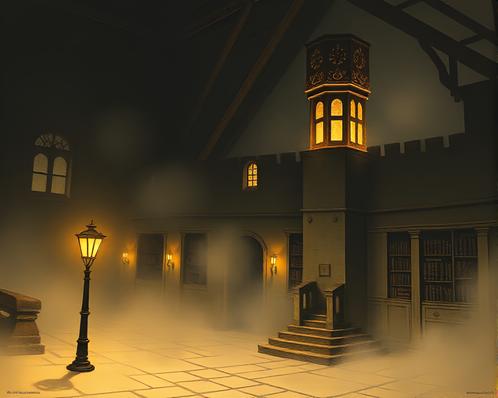 Dust particles dance in eerie castle library light – free AI stock image