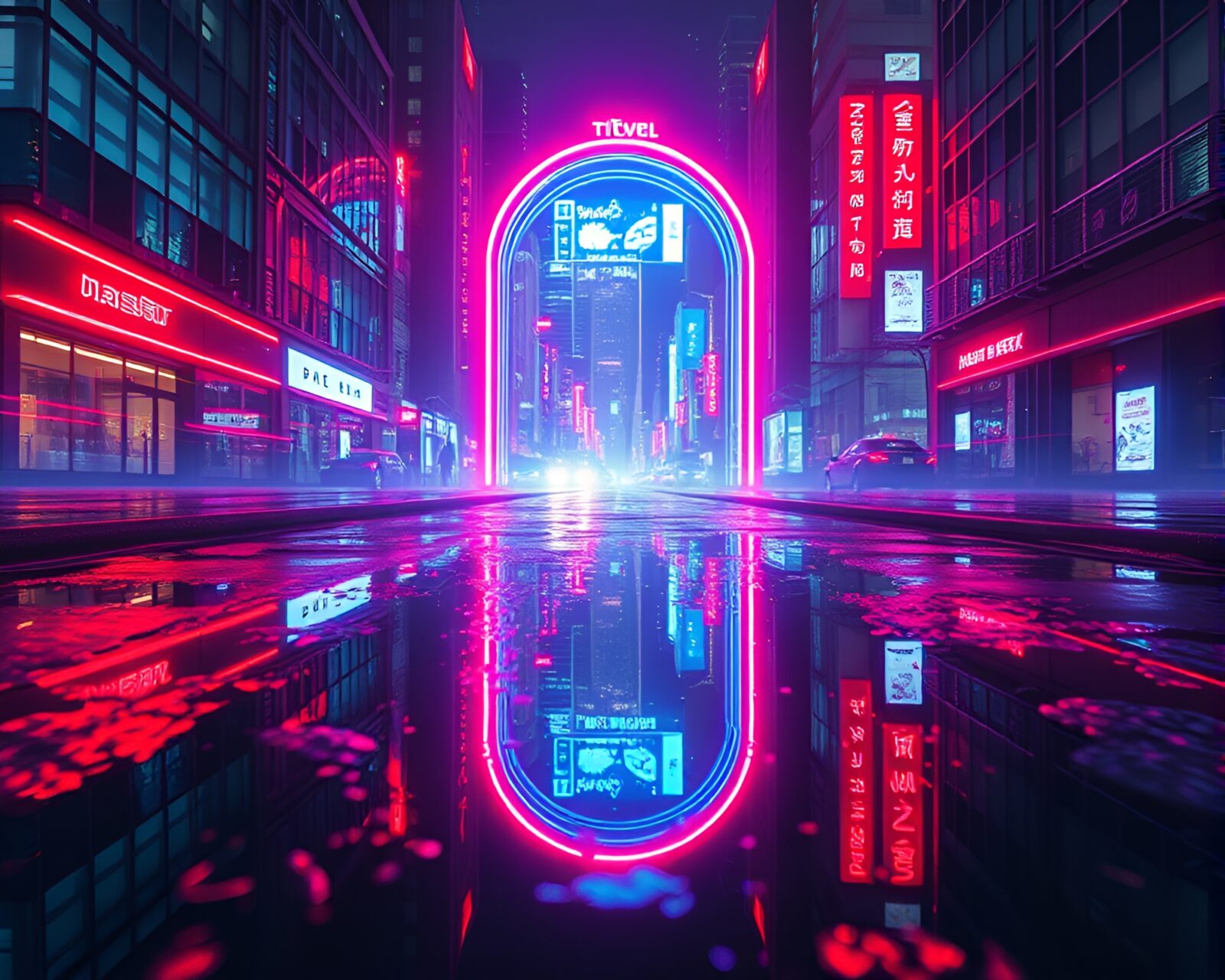 Quantum teleportation device reflects in glowing puddle cityscape