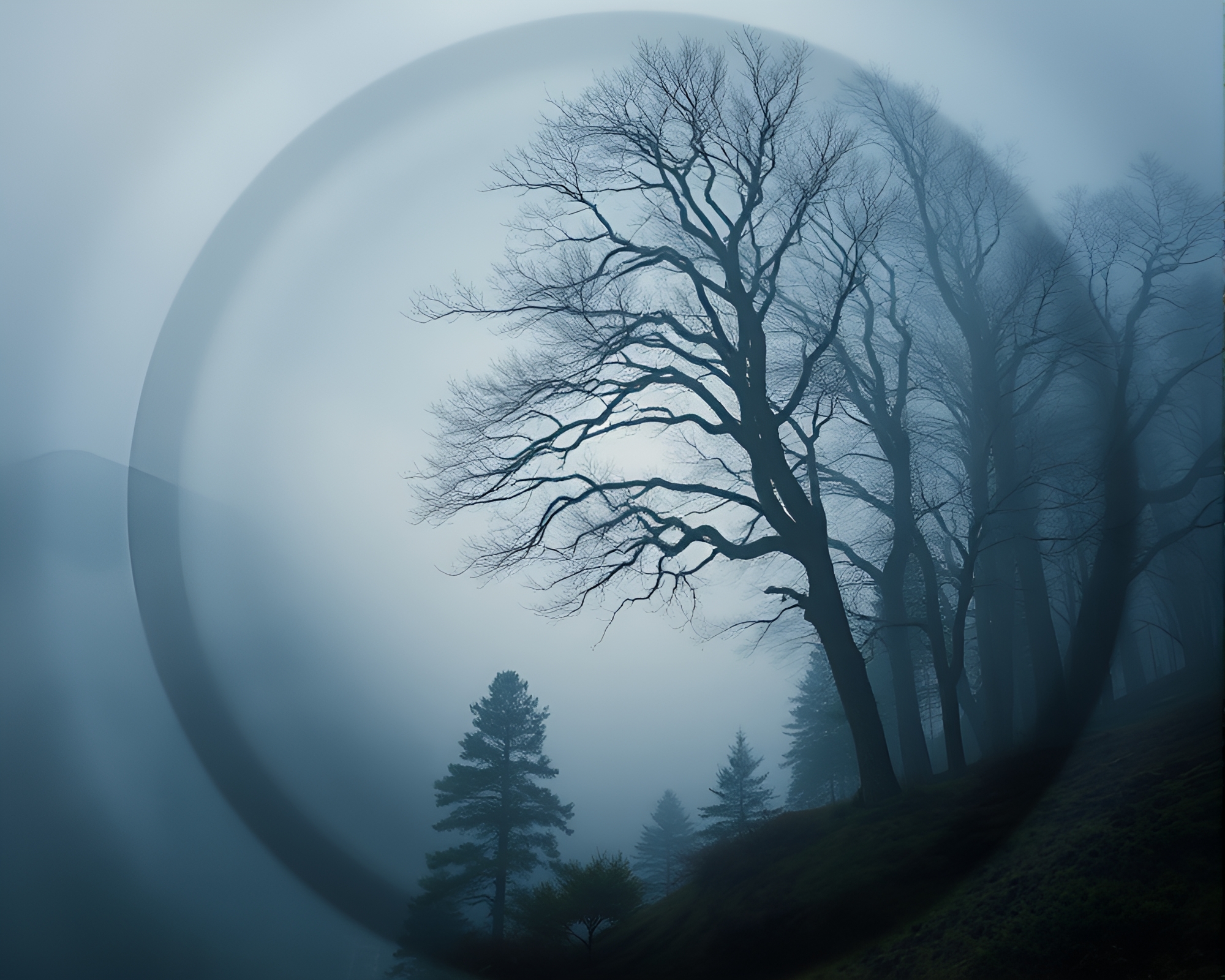 Mist-Shrouded Mountain with Tree Ring Pattern VHS Distortion – free AI stock image