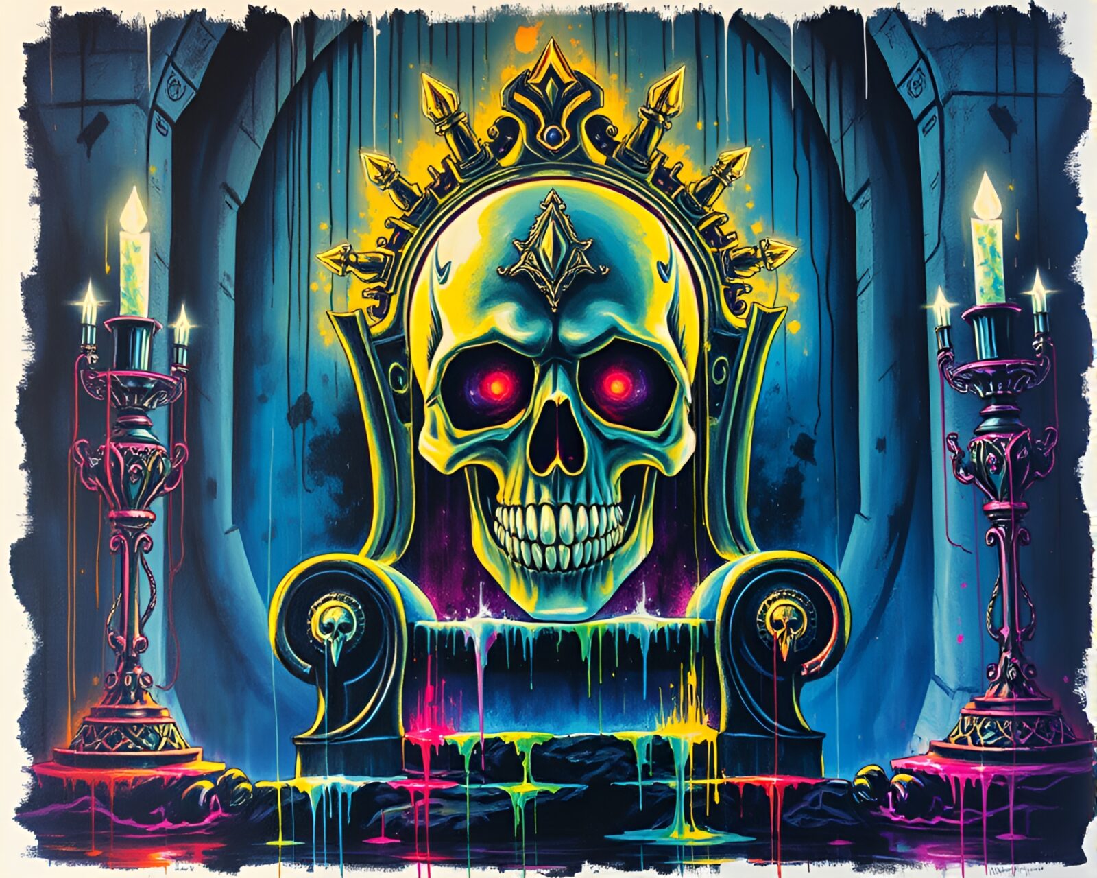Colorful graffiti art drips over crystal skull in a regal setting