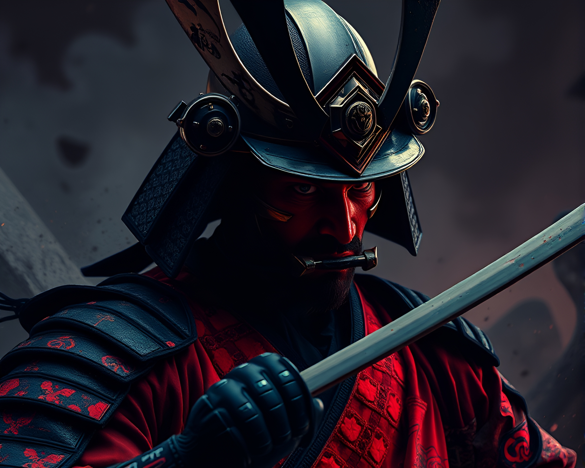Samurai Warrior in Bold Colorful Chiaroscuro Contouring – free AI stock image