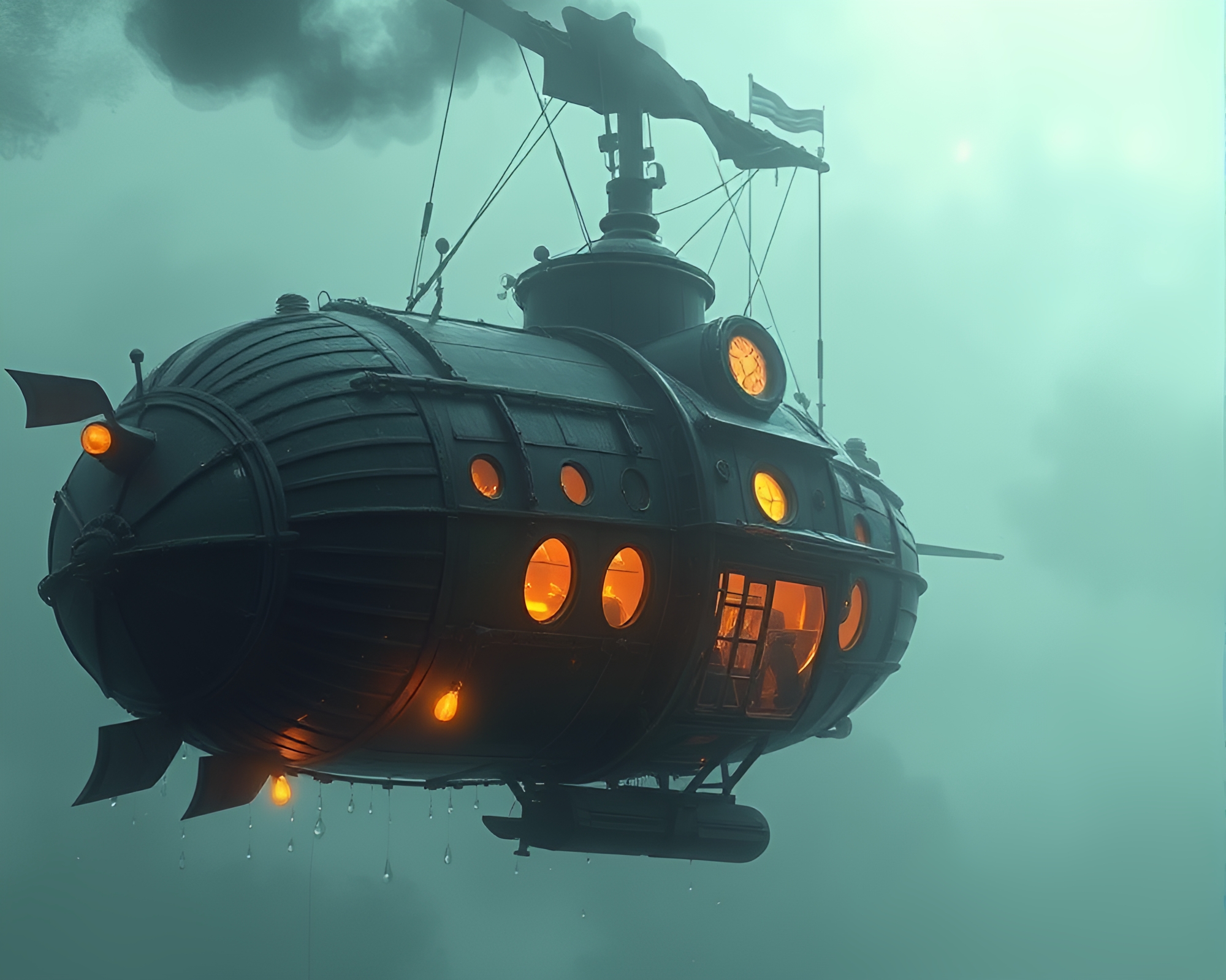 Steampunk Airship in Digital Twilight with Dew Drops – free AI stock image