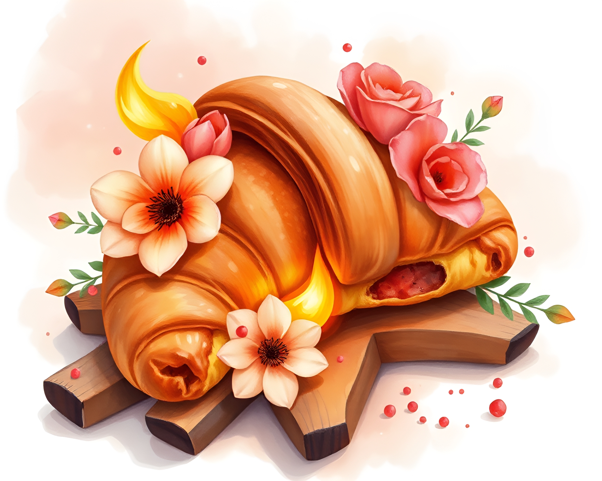 Watercolor Croissant Bonfire Vector Art Composition – free AI stock image
