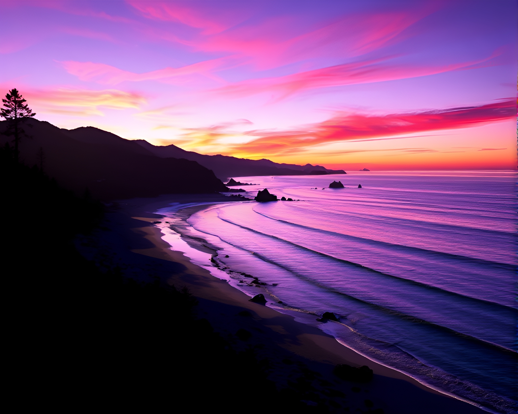 Sunset Silhouette: Glitchy Shoreline Symphony – free AI stock image