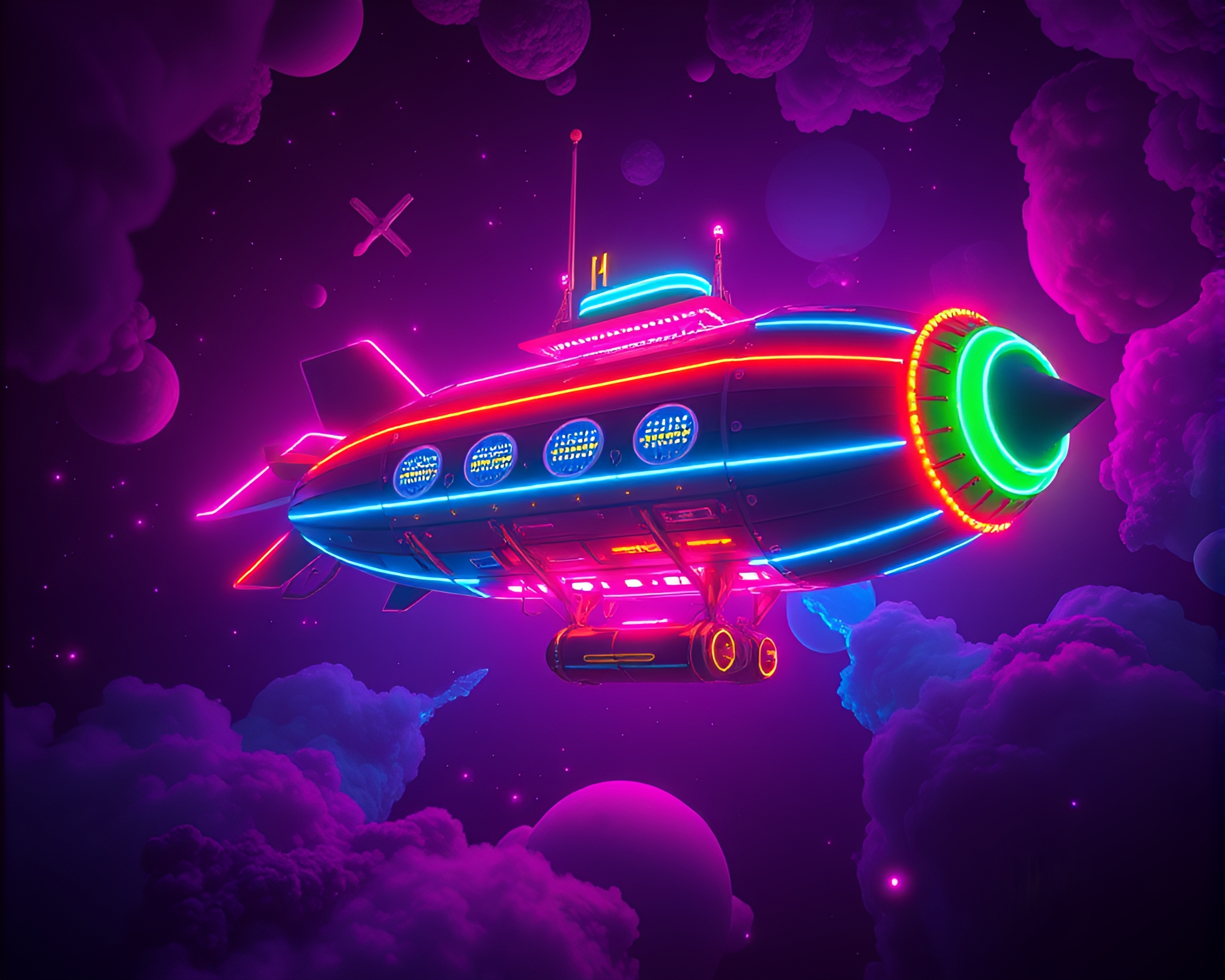 Vibrant Steampunk Airship in Neon Stereoscopic 3D – free AI stock image