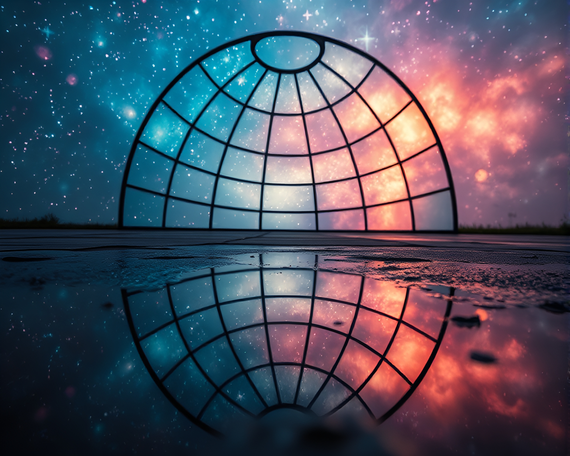 Cosmic Stained Glass Puddle Reflection – free AI stock image