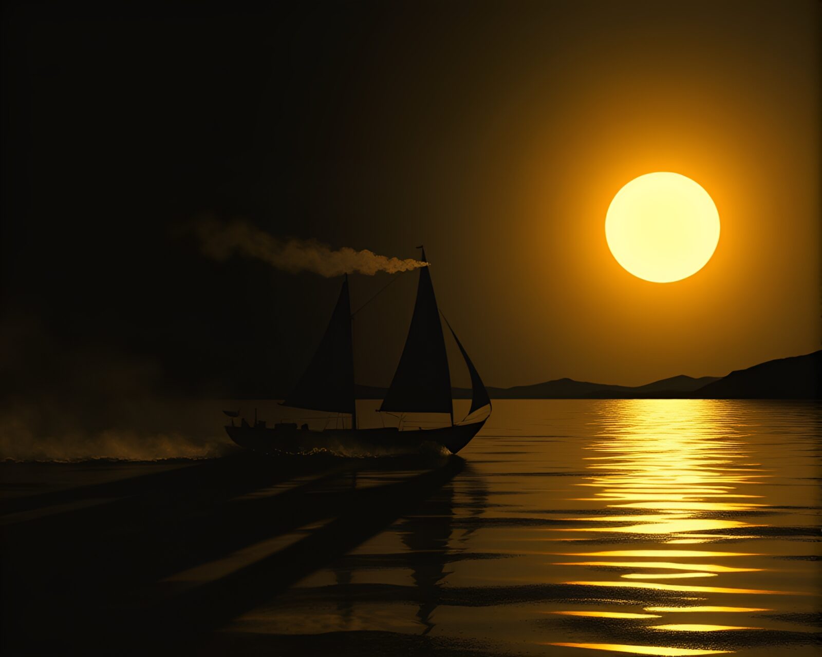 Steam vapor drifting around a majestic solar sailboat during an eclipse