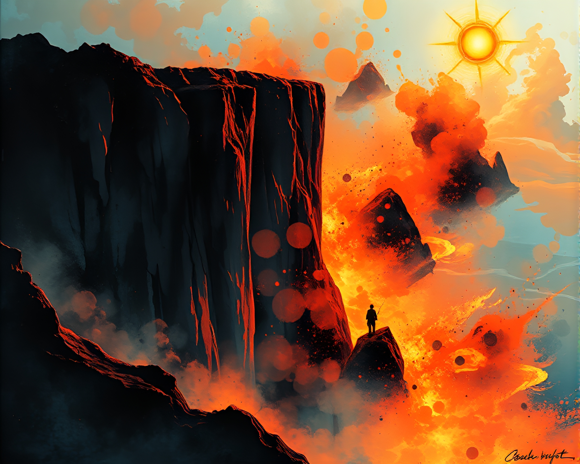 Ink Splashes Illuminated by Solar Flare on Utopian Cliff – free AI stock image