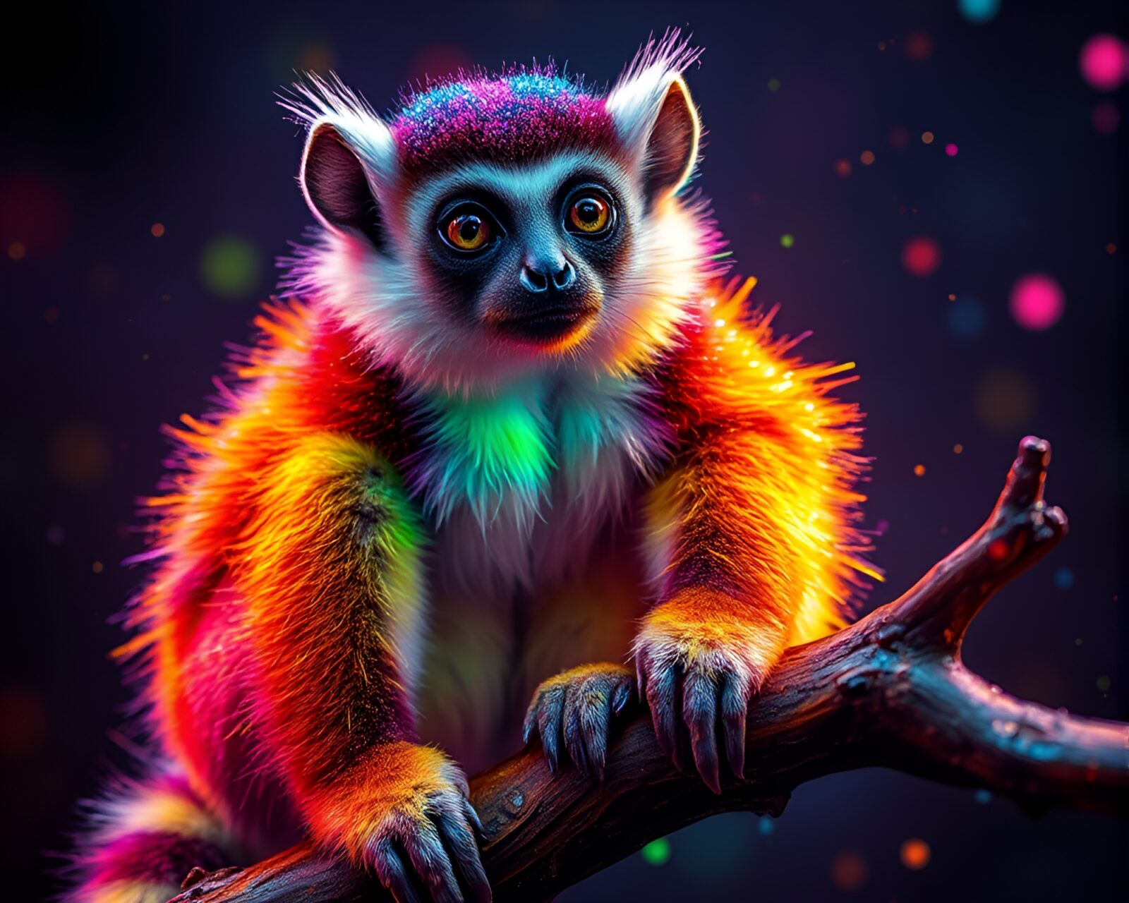 Vibrant neon-lit scene with lemurs and oil slick rainbow