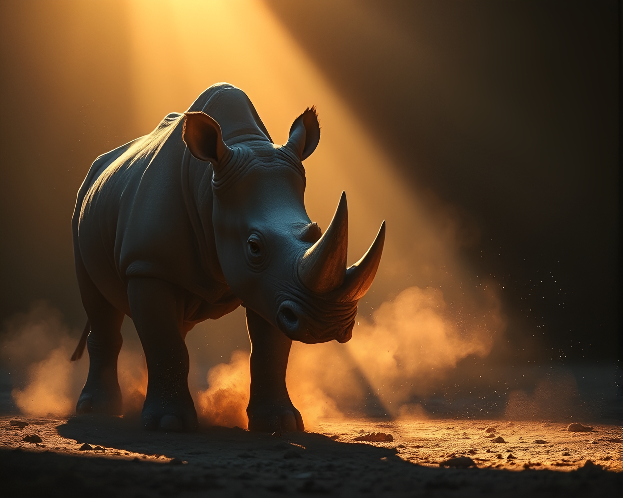 Harsh Sunlight Illuminating Majestic Rhino in Dusty Landscape – free AI stock image