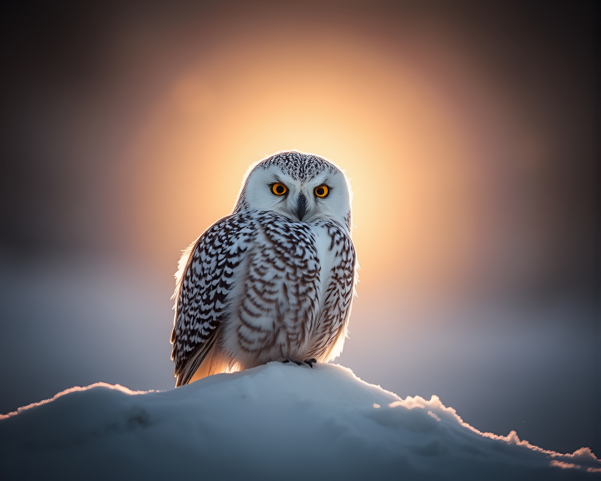Snowy Owl Gazing Through Misty Sunburst – free AI stock image