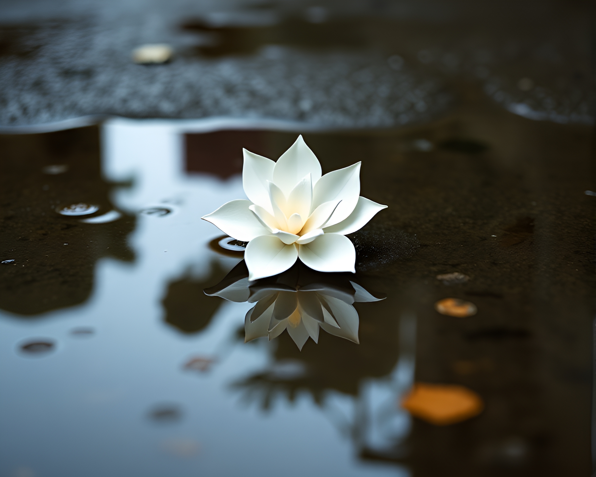 Retrowave Origami Flower Reflection in Ivory Puddle – free AI stock image