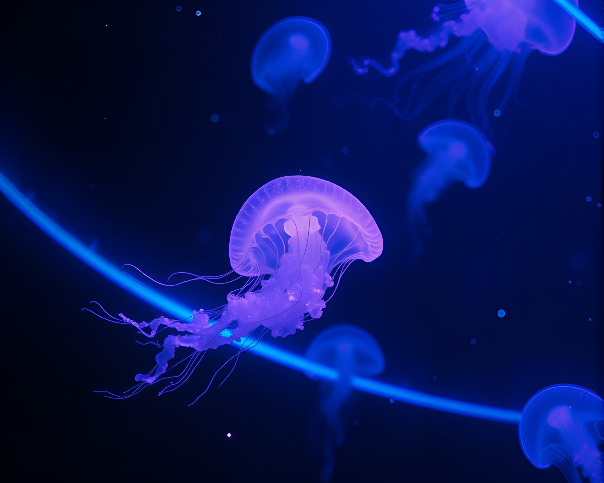 Surreal Dutch Angle Bioluminescent Jellyfish Underwater Scene – free AI stock image