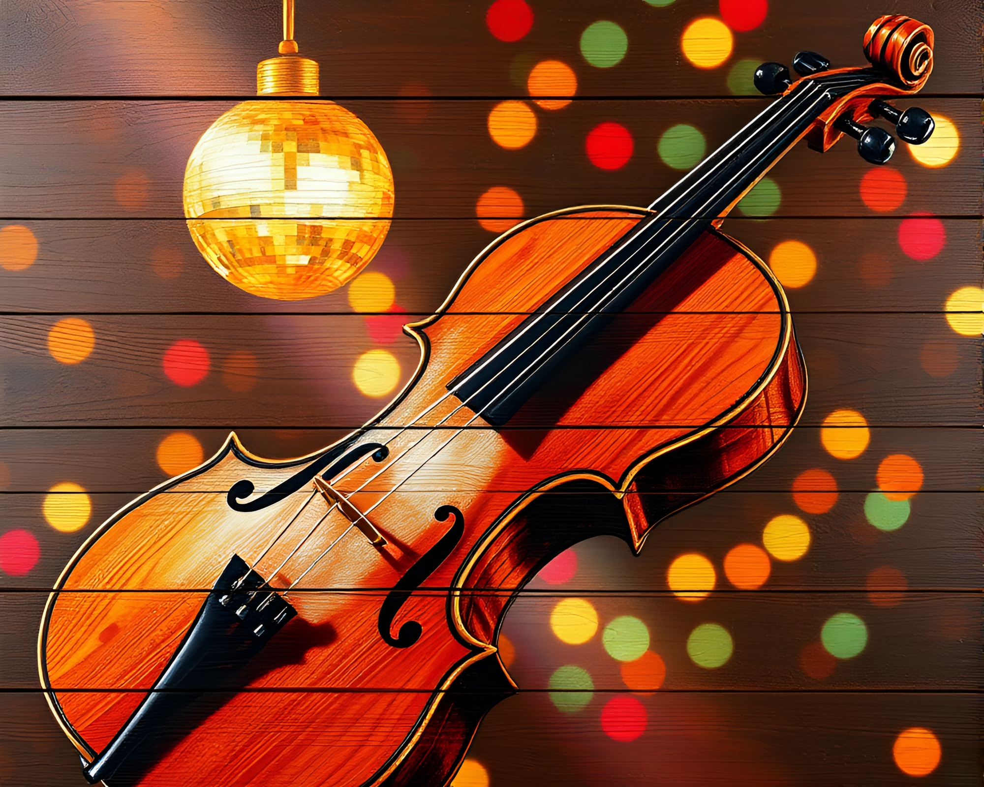Wooden Violin Disco Ball Mural Art Fusion – free AI stock image