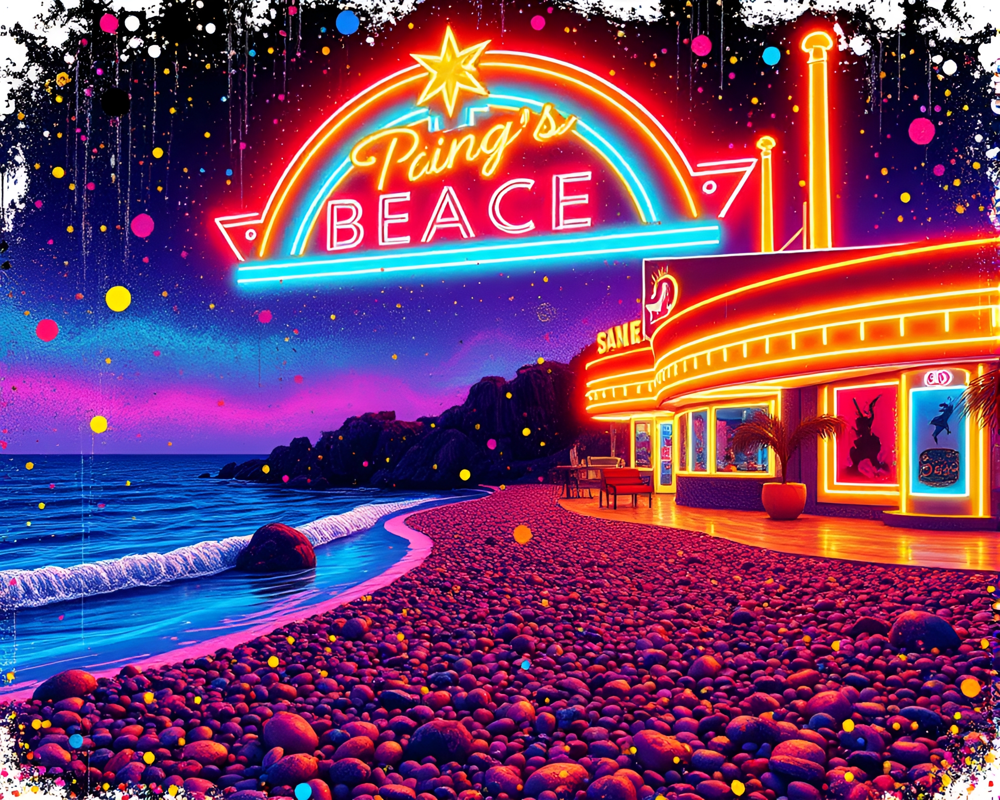 Neon Tubing Illuminated Pebble Beach Opera Splatter Art – free AI stock image