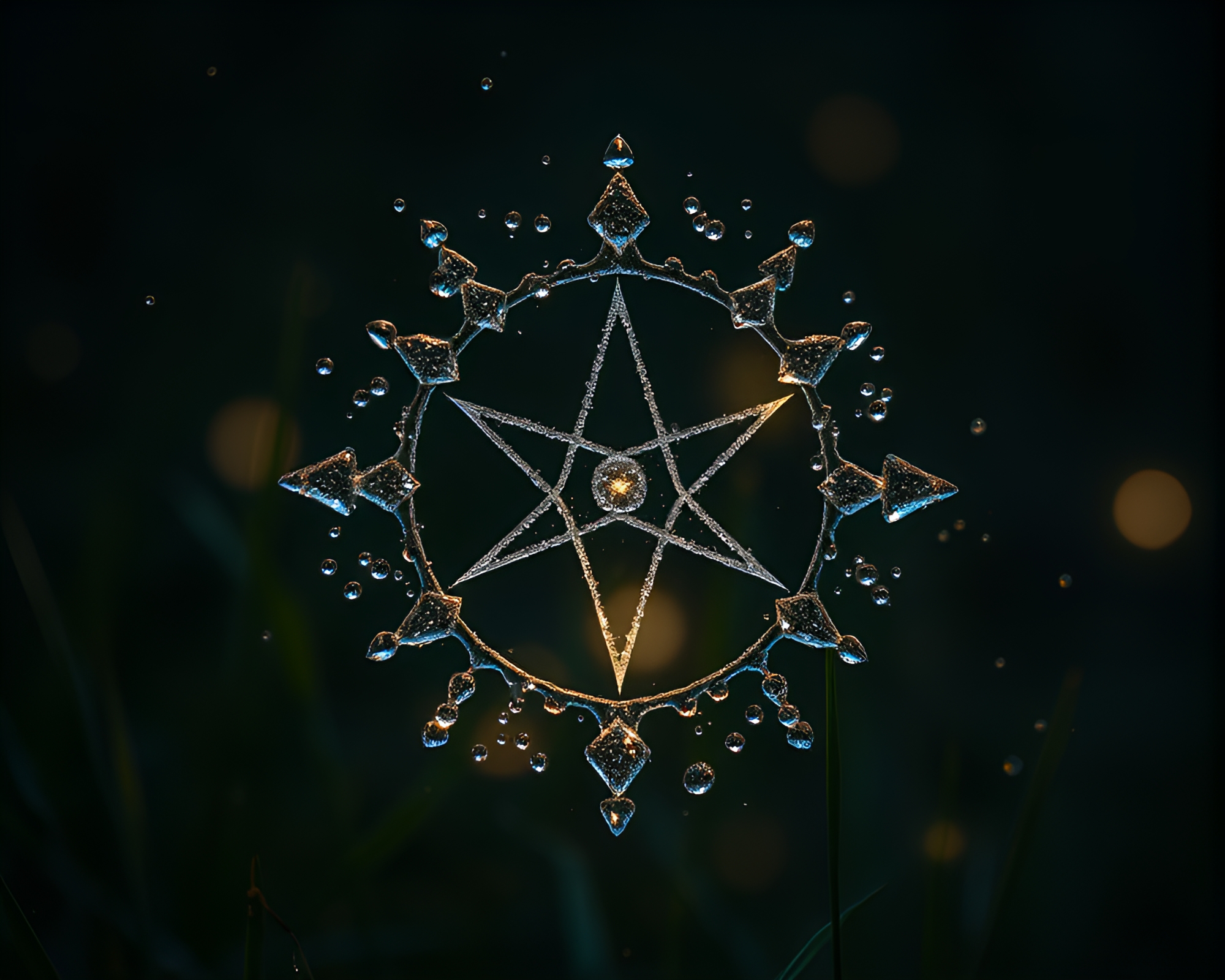 Alchemical Symbols Illuminated by Dew Drops Light Painting – free AI stock image