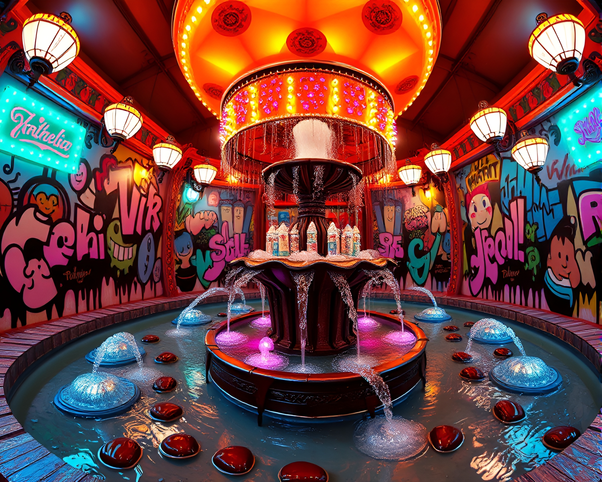 Stereoscopic Chocolate Fountain at Carnival Graffiti Wall – free AI stock image