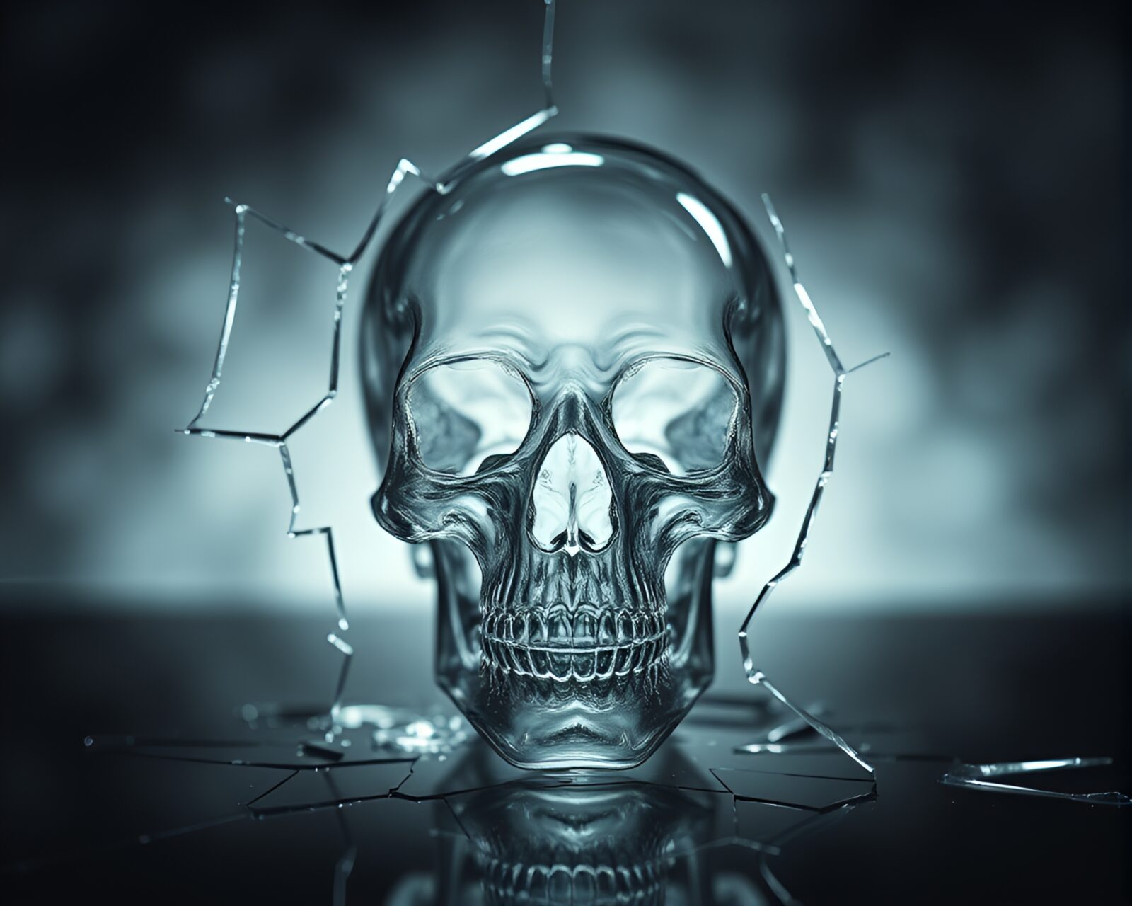 Ethereal image of broken glass reflecting crystal skull amidst calligraphy