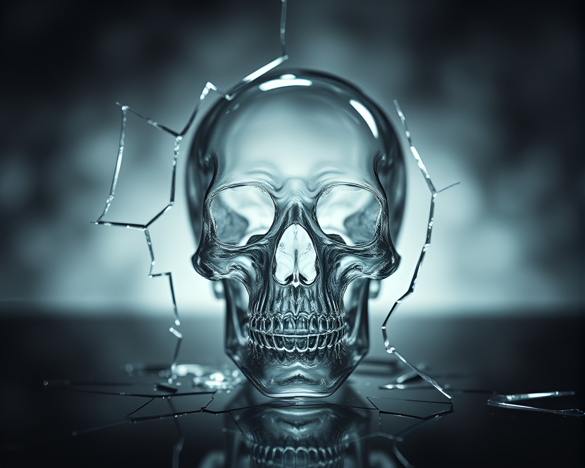 Shattered Reflection: Crystal Skull Calligraphy Composition – free AI stock image