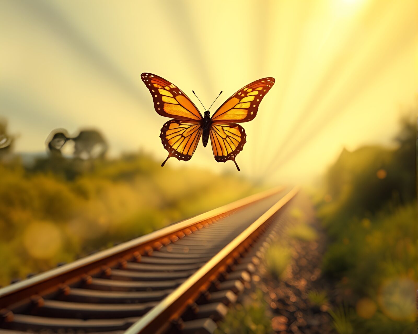 Graphic novel style image with sunbeam rays framing silk butterfly amidst train light trails