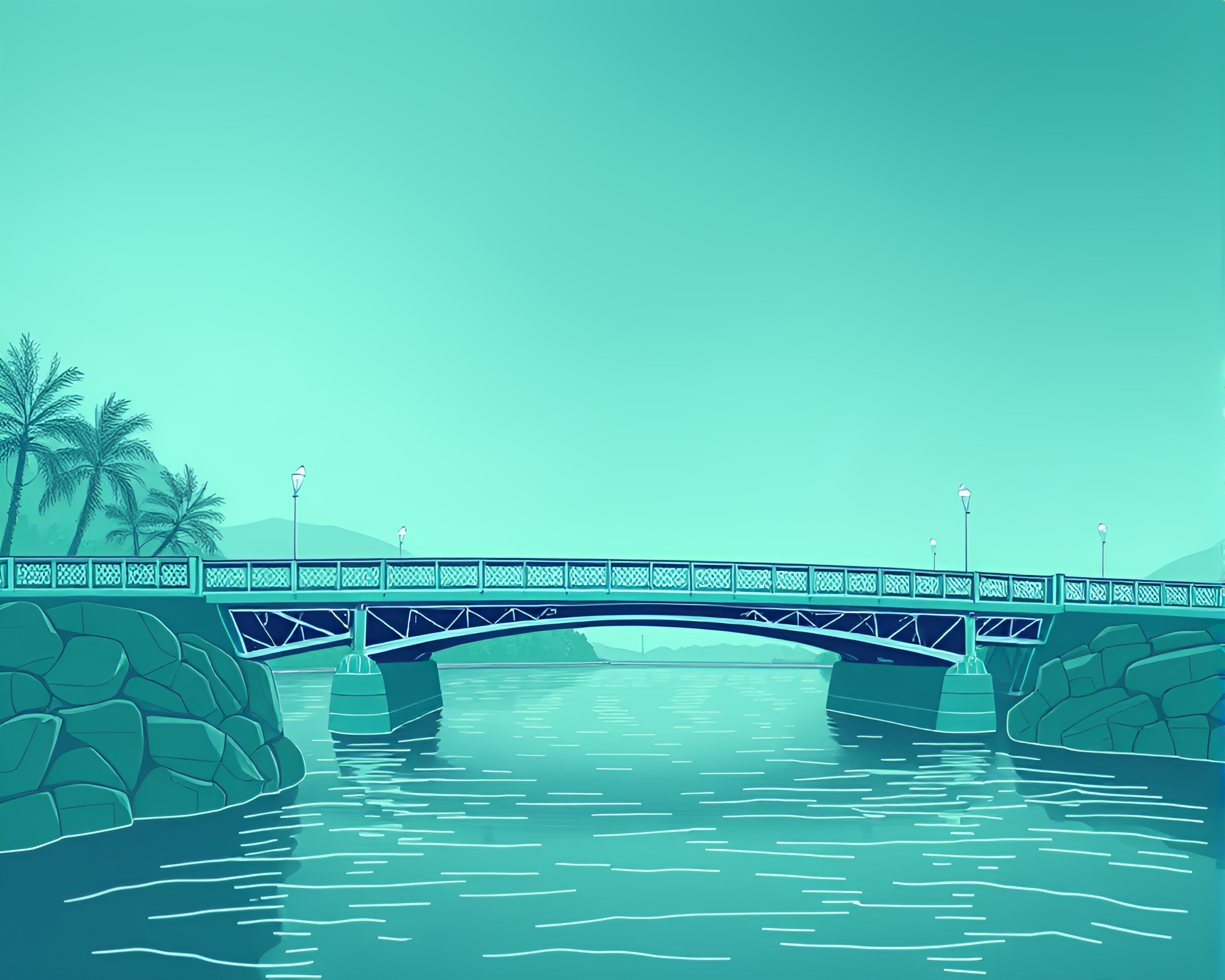 Mint Green Bridge: Line Art Depth Layering Composition – free AI stock image