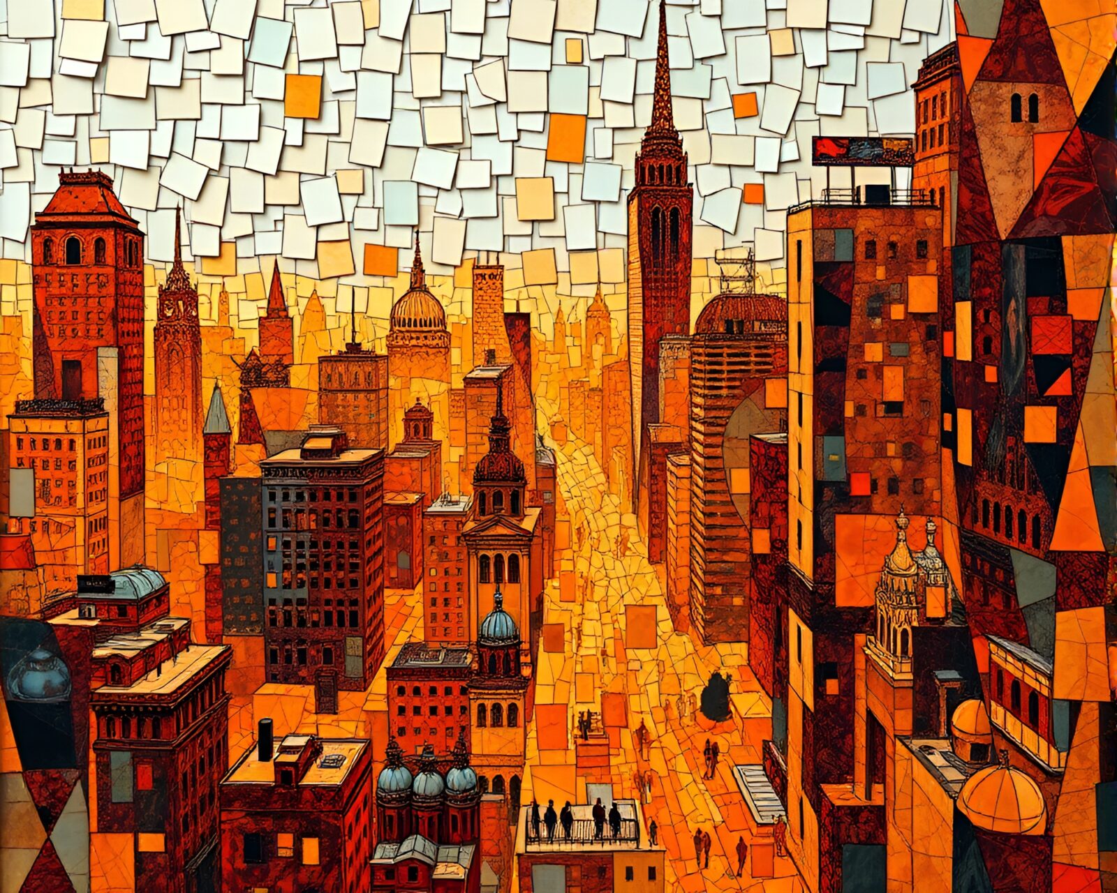 Fragmented mosaic of a futuristic city with warm burnt orange lighting