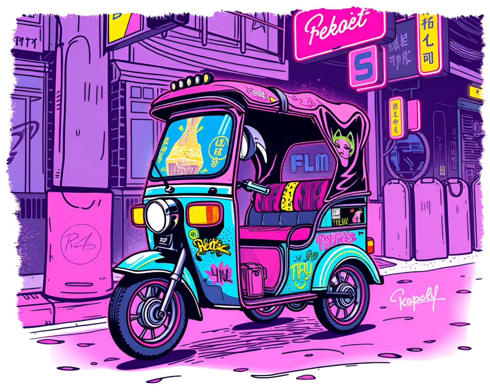 Futuristic illustration of rickshaw in vibrant neon cityscape