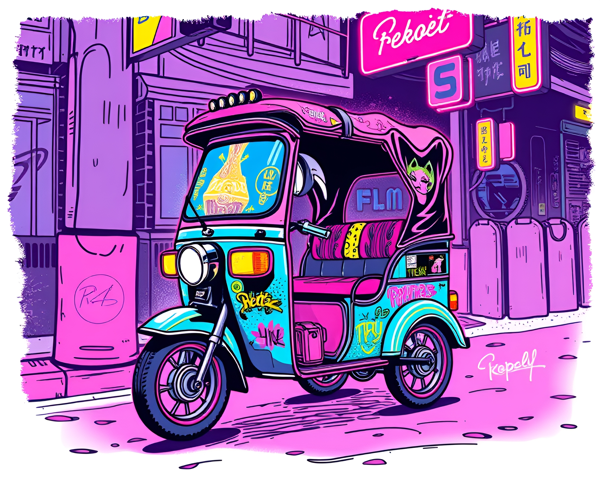 Cyberpunk Rickshaw Ride Through Neon Stippled City – free AI stock image
